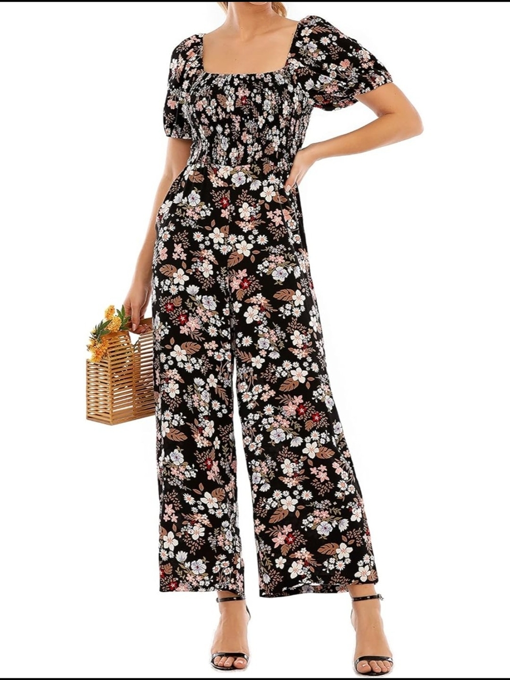 Floral Wide-Leg Jumpsuit in Black